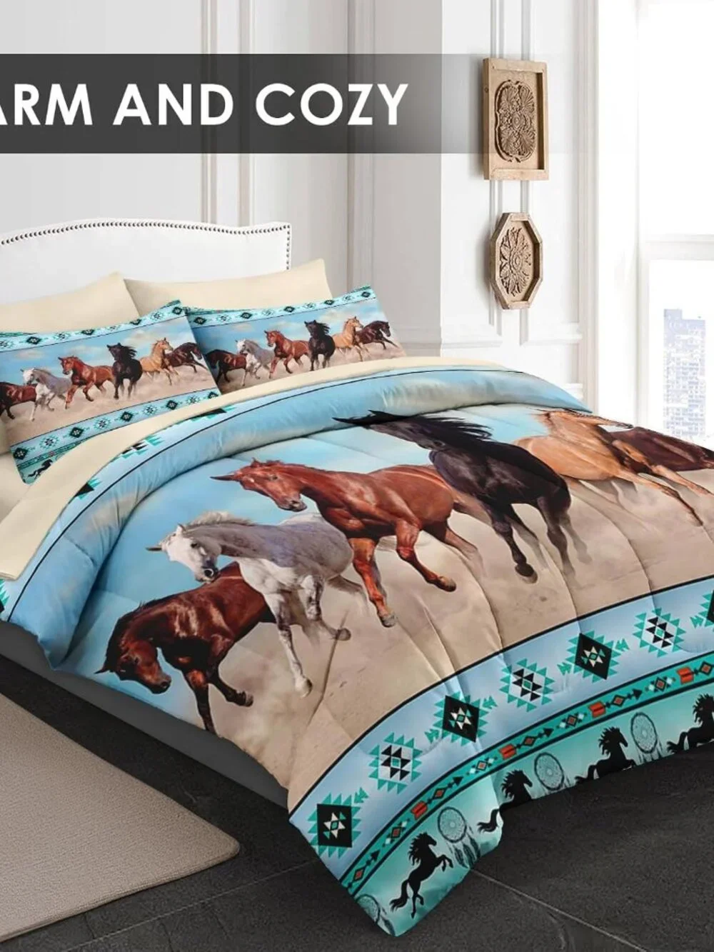 King Comforter Set with Sheets, 7 Pieces Horses Western Bedding | Bed in A Bag f